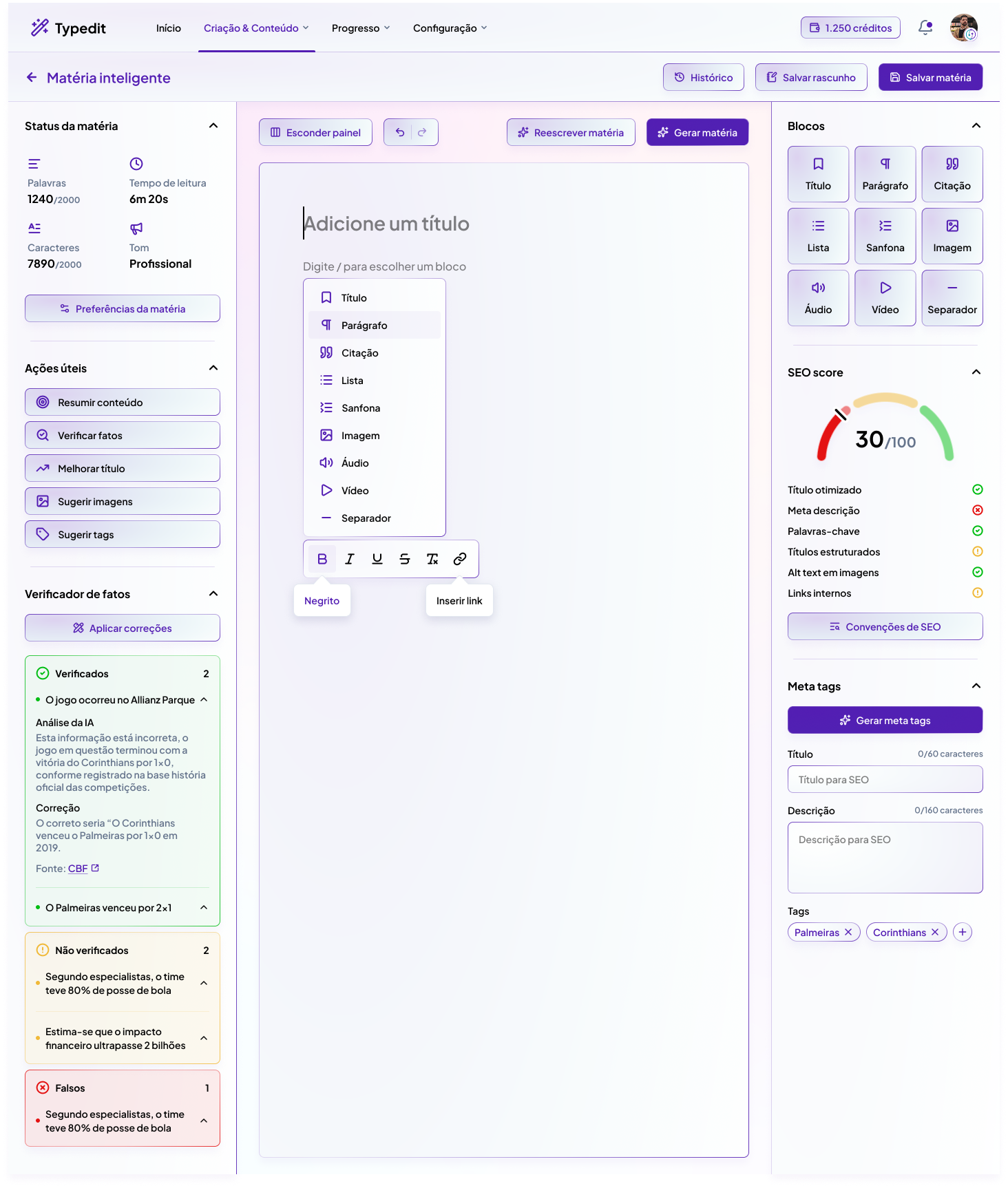 Editor por blocos do Typedit, com verificador de fatos e campos de meta tags
