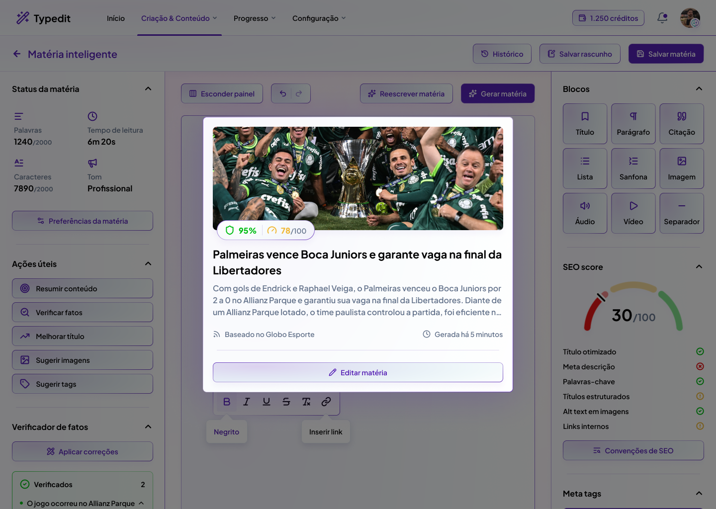 Matéria gerada por inteligência artificial no Typedit, com score de confiança e de SEO