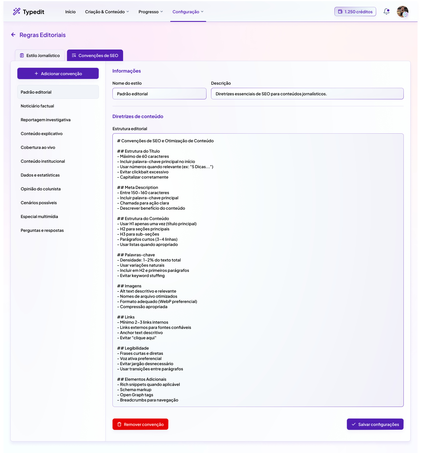 Tela de convenções de SEO do Typedit, editáveis por tipo de conteúdo